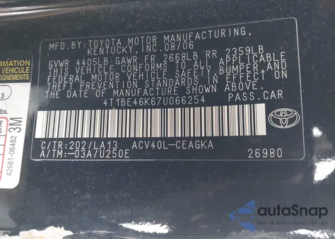 2007 Toyota Camry Xle from USA, damaged, VIN 4T1BE46K67U066254